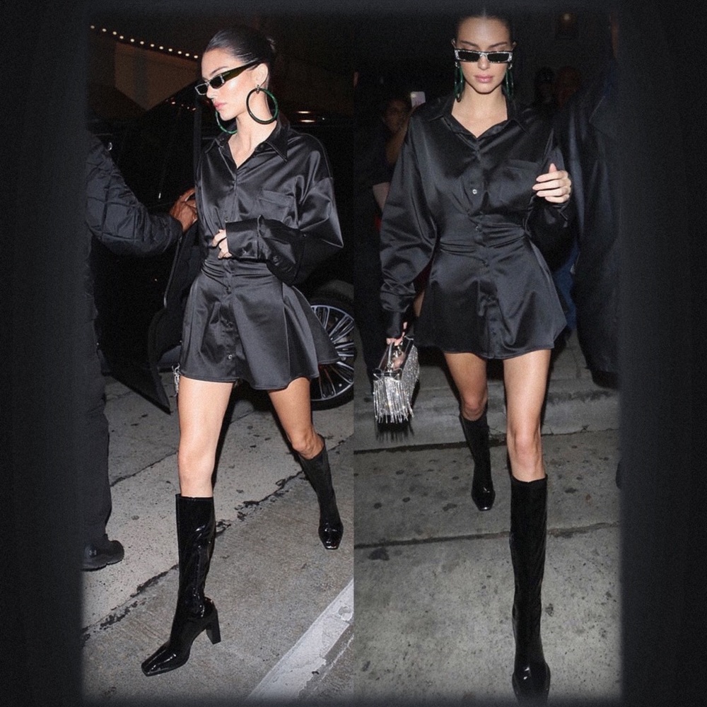 Kendall Jenner Alexander Wang patent vinyl knee high heel boots metal y2k